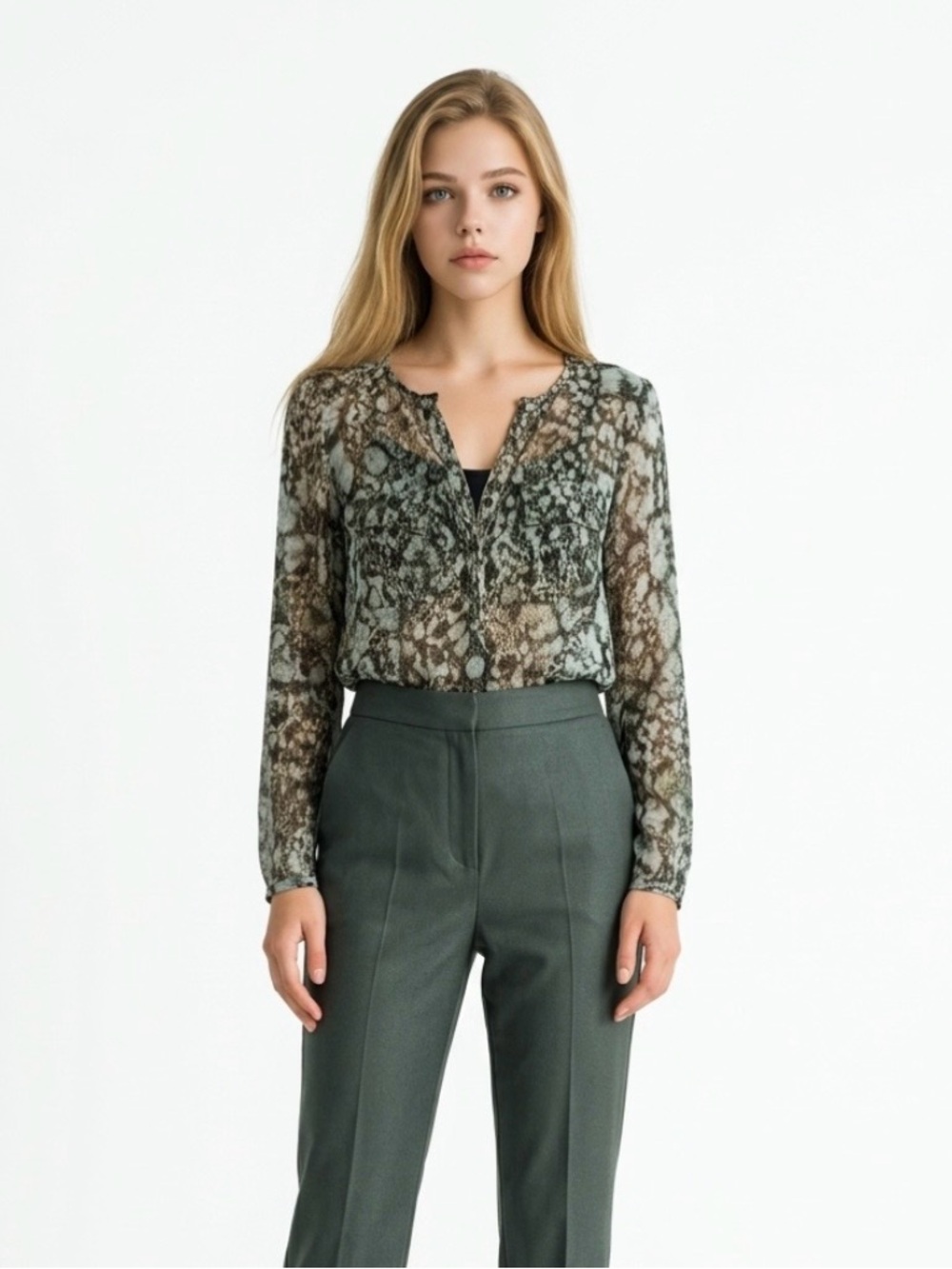 Zara Olive and Brown Snake-Print Sheer Button Blouse